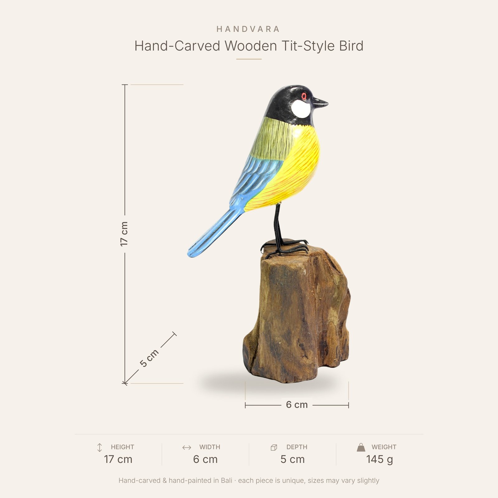 Hand-carved wooden tit-style bird figurine with height, width, depth and weight labelled