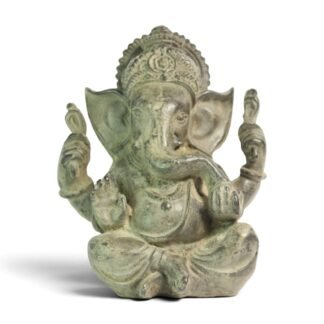 Front view of hand-painted baby Ganesha resin statue with raised hands and curled trunk