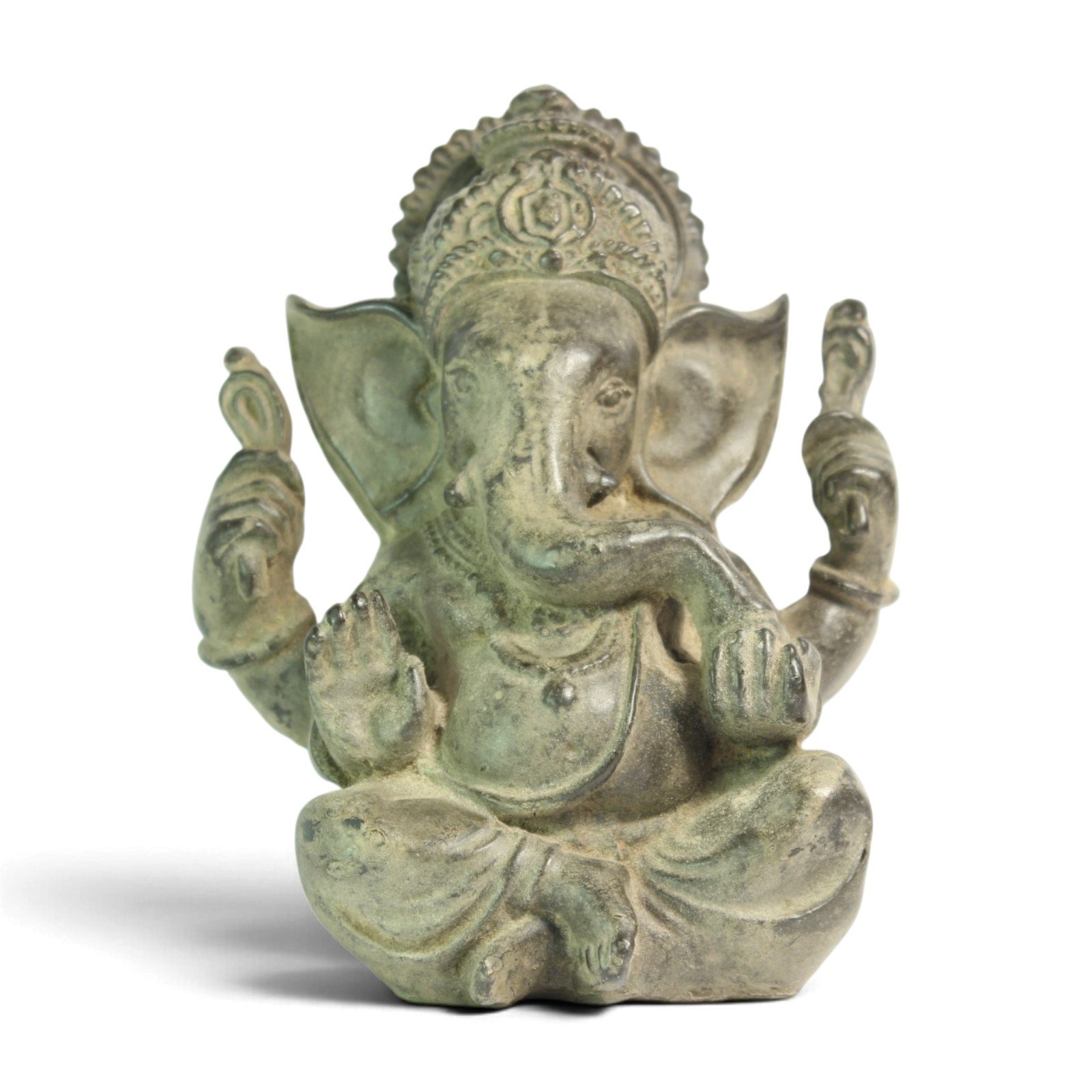 Front view of hand-painted baby Ganesha resin statue with raised hands and curled trunk