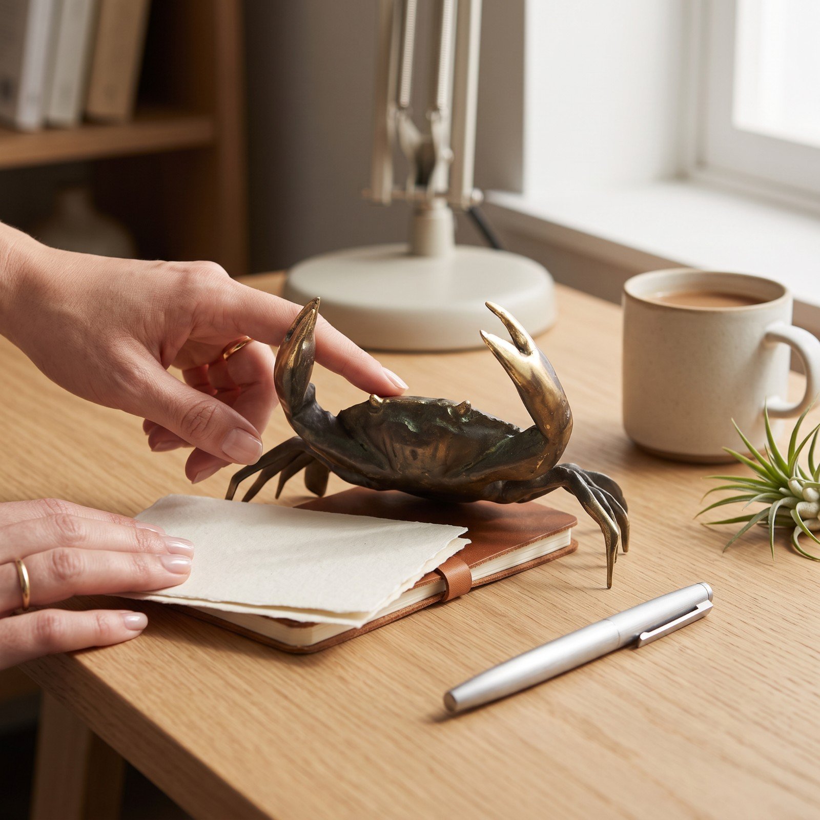 Brass crab figurine staged on a desk beside a notebook, lamp, and coffee cup