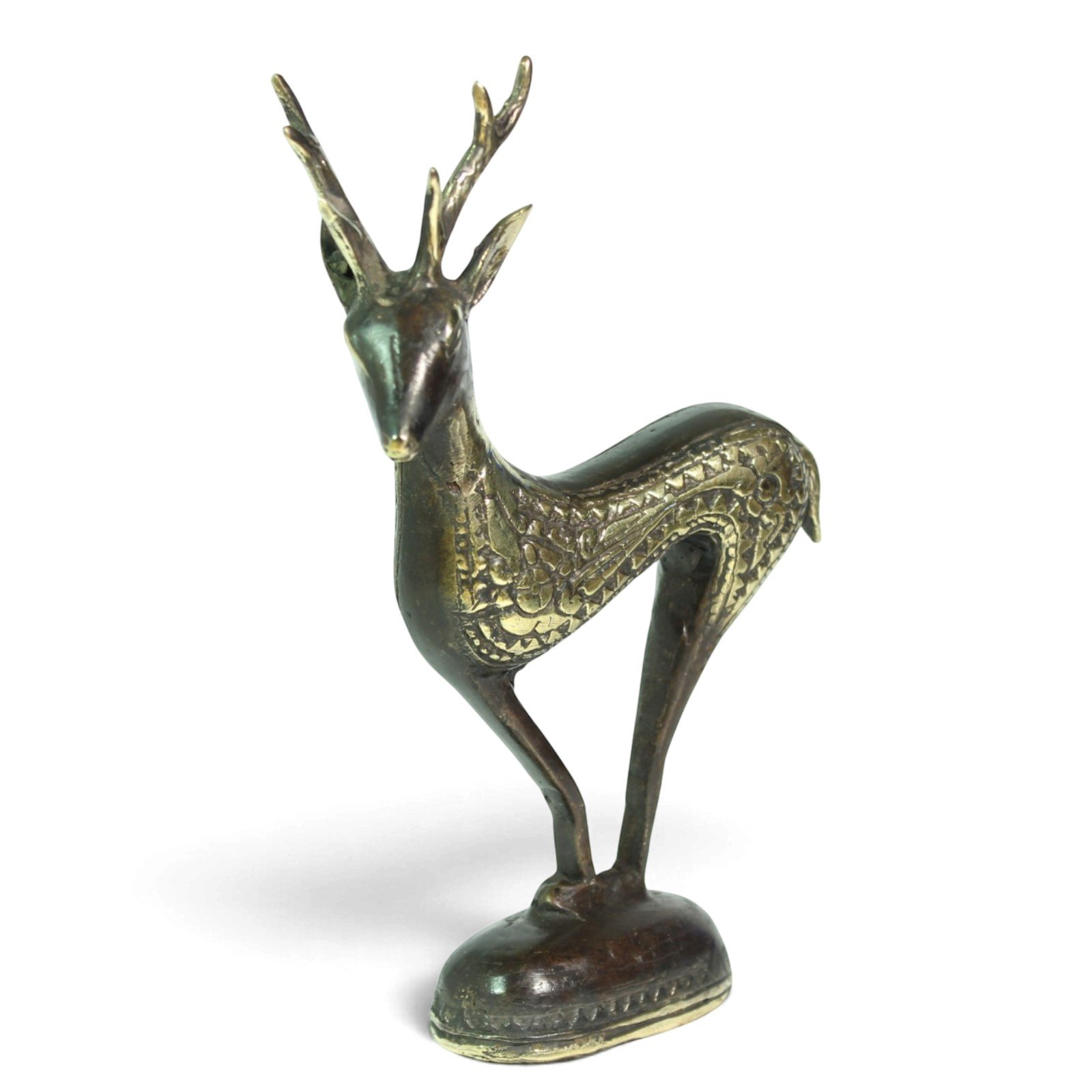 Dark brown brass deer figurine standing on an oval base, front-angled view
