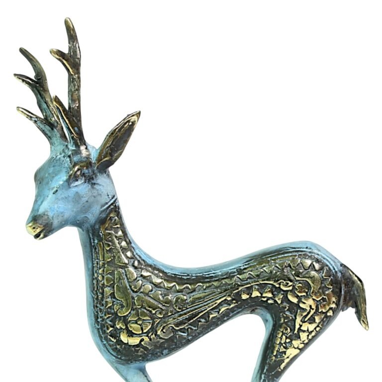 Opposite side profile of the brass deer figurine showing decorative etching along the body