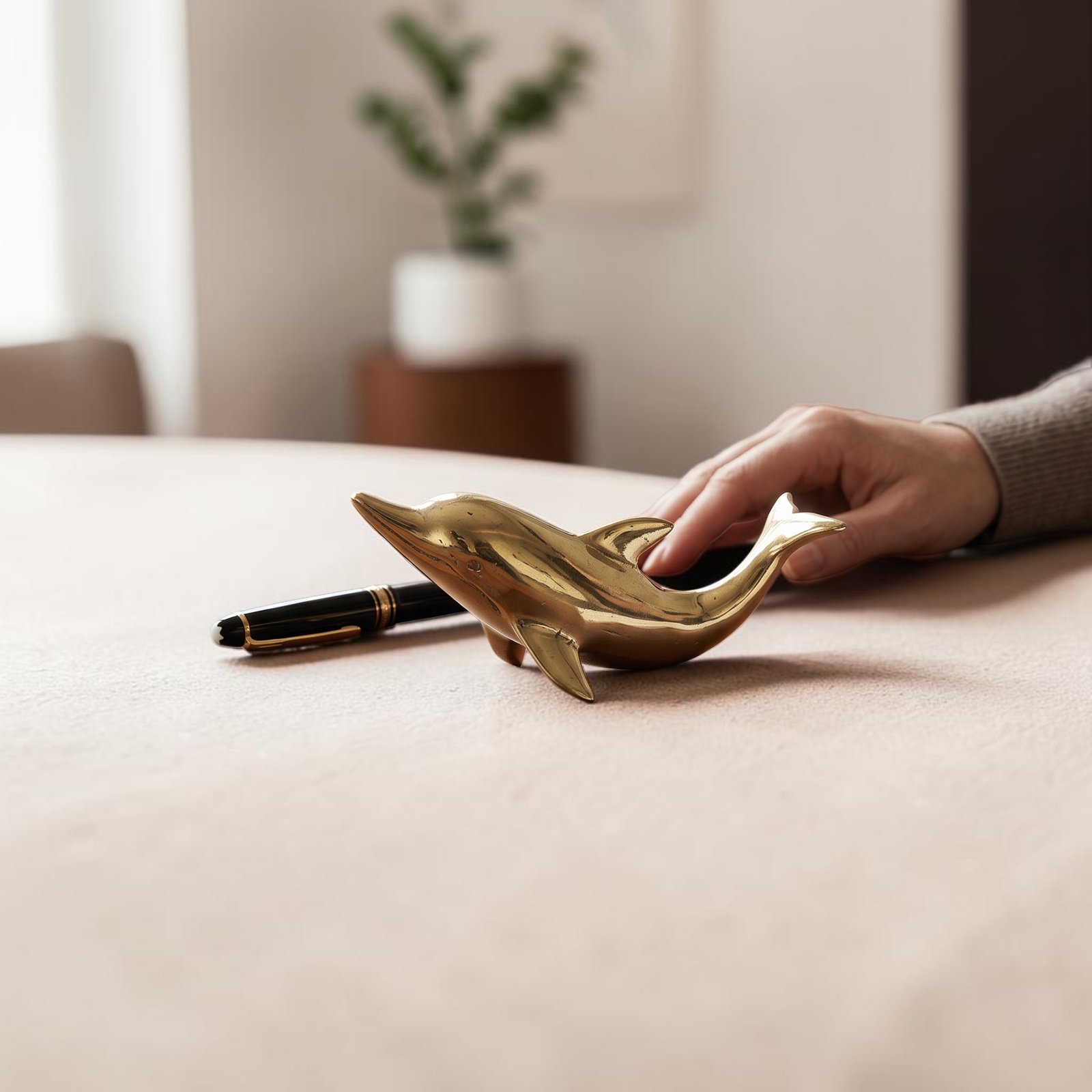 Hand placing the brass dolphin figurine on a table beside a fountain pen