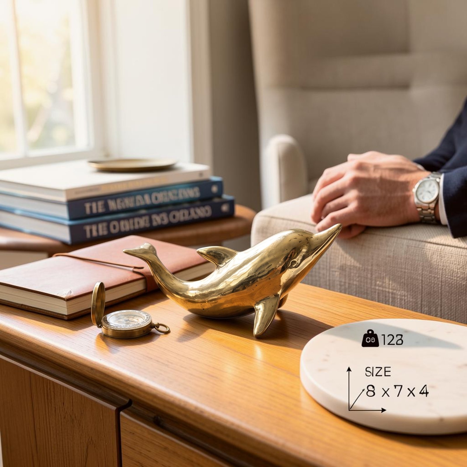 Brass dolphin figurine styled on a wooden table with books and a compass