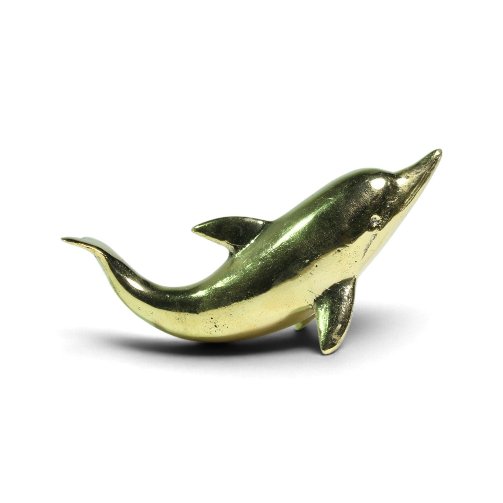 Brass dolphin figurine viewed from the tail end showing curved body