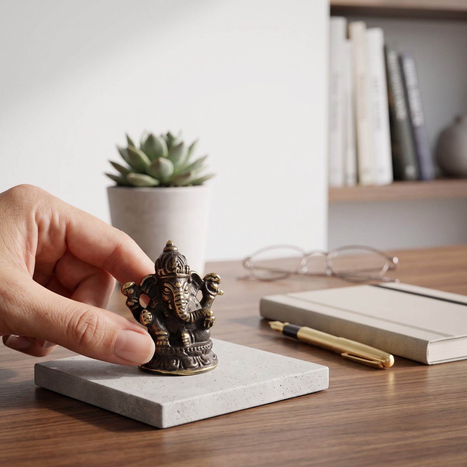 Staged photo of the brass Ganesha figurine on a desk with notebook and plant