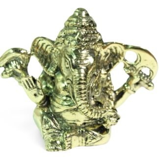 Brass Ganesha figurine in gold finish, three-quarter front view showing crown and trunk detail