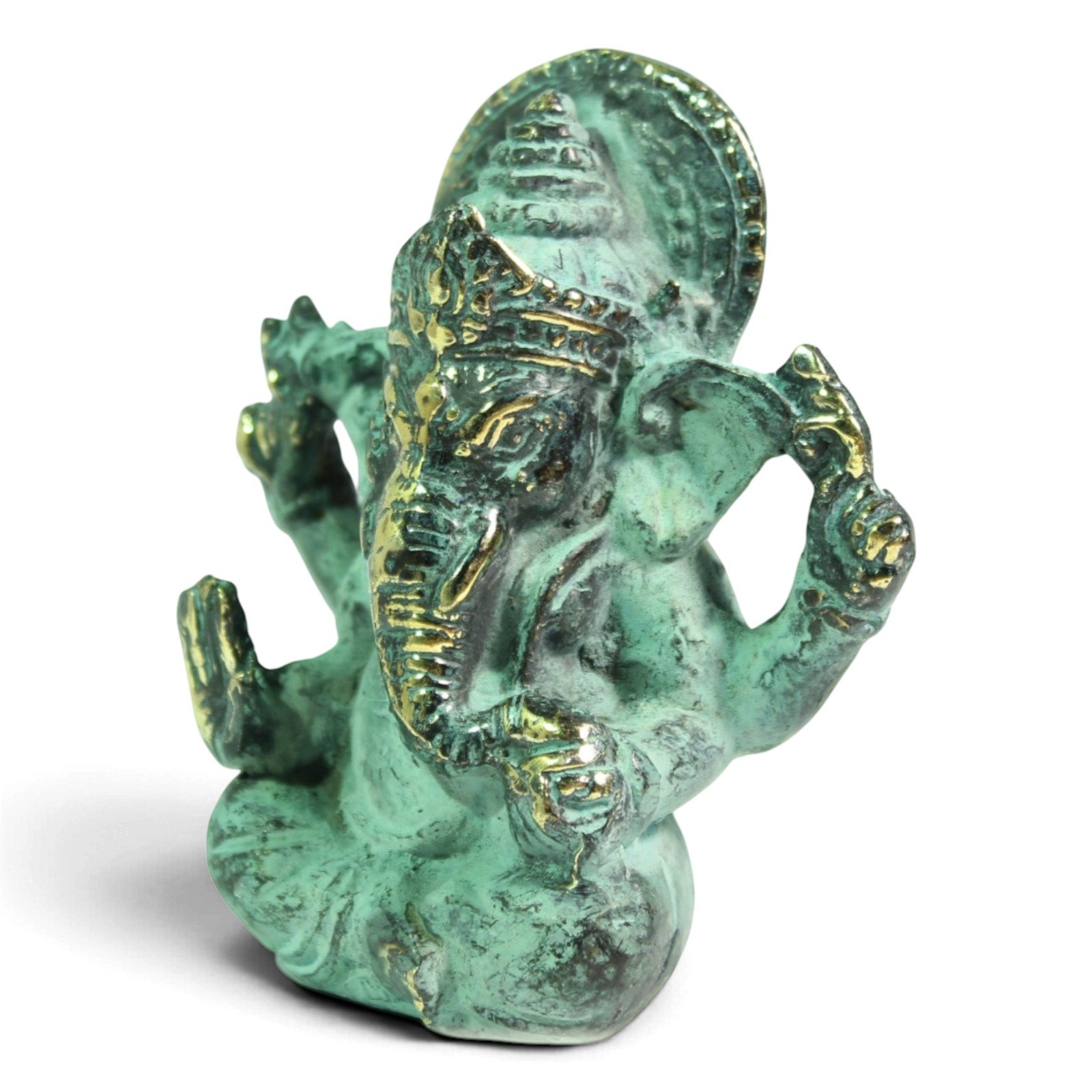 Three-quarter angle view of the brass Ganesha showing side detailing