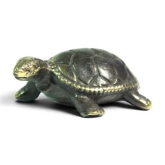Brass turtle figurine viewed from the front left, dark oxidized shell with gold highlights