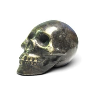 Side profile of hand-cast brass skull figurine with black oxidized finish