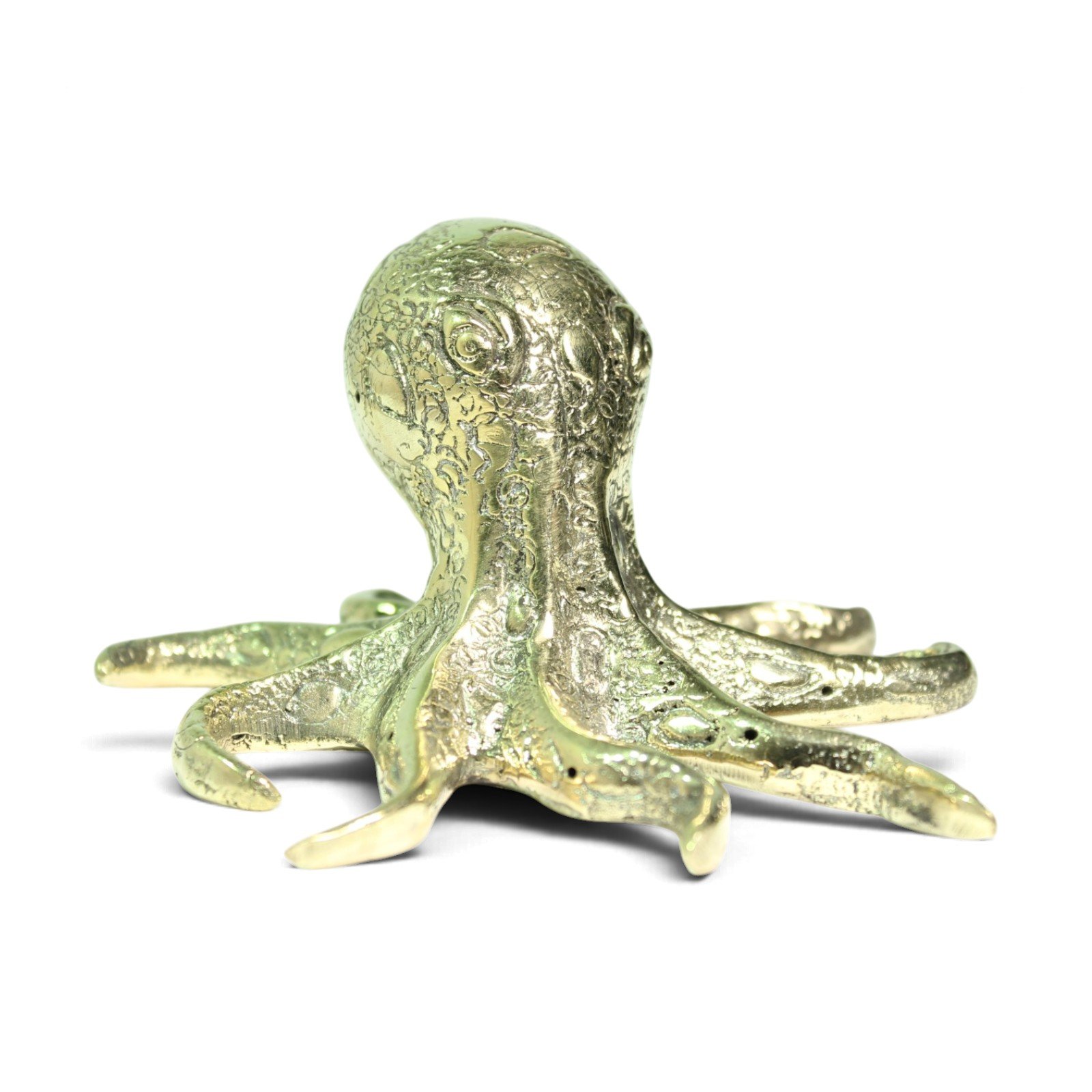Brass octopus figurine seen from behind, highlighting the domed head and trailing tentacles