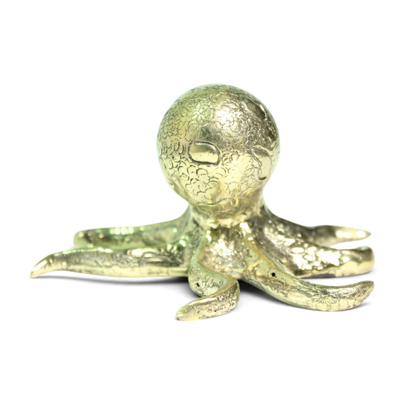 Close angle of the brass octopus head showing raised eye detail and cast texture