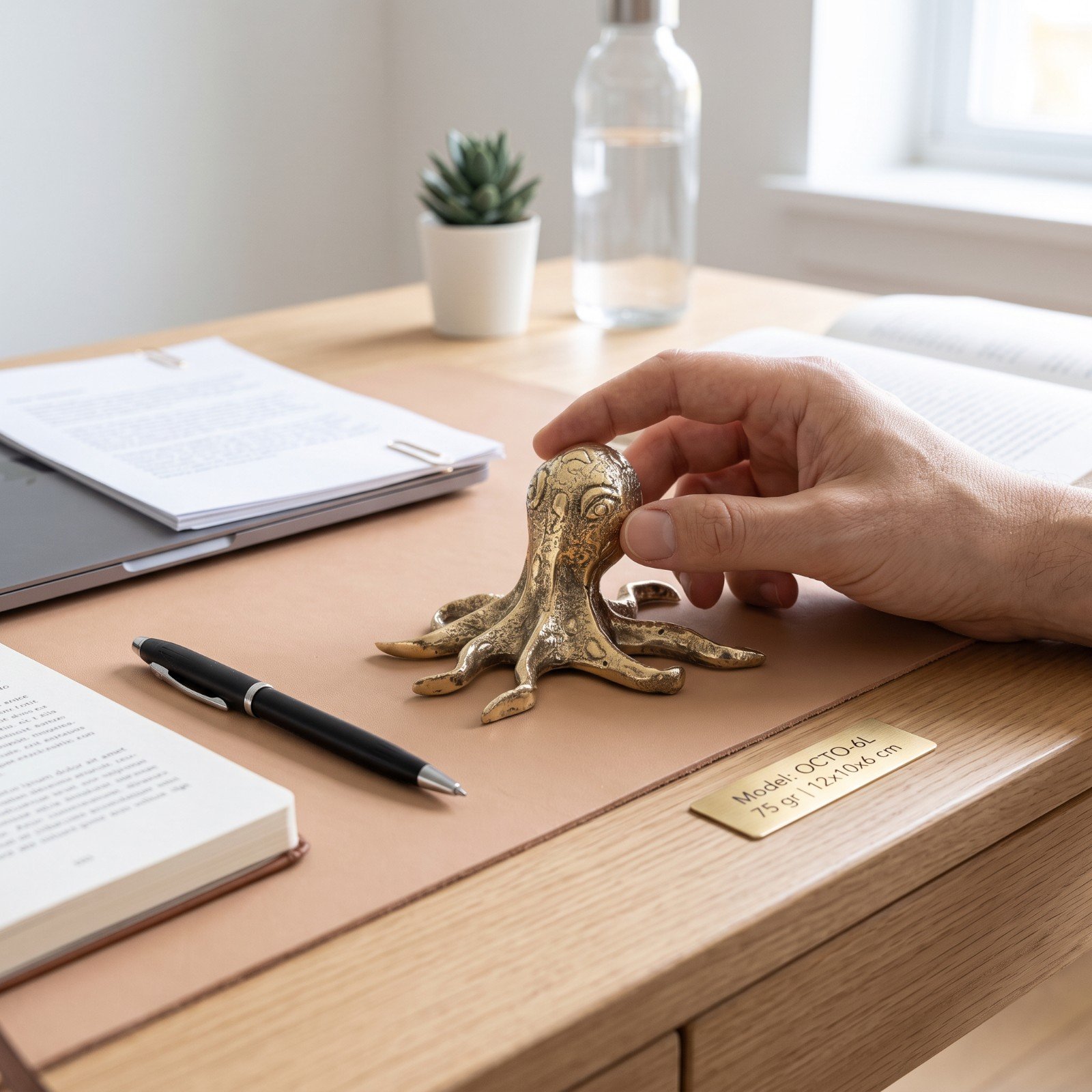 Hand holding the brass octopus figurine to show its scale and weight