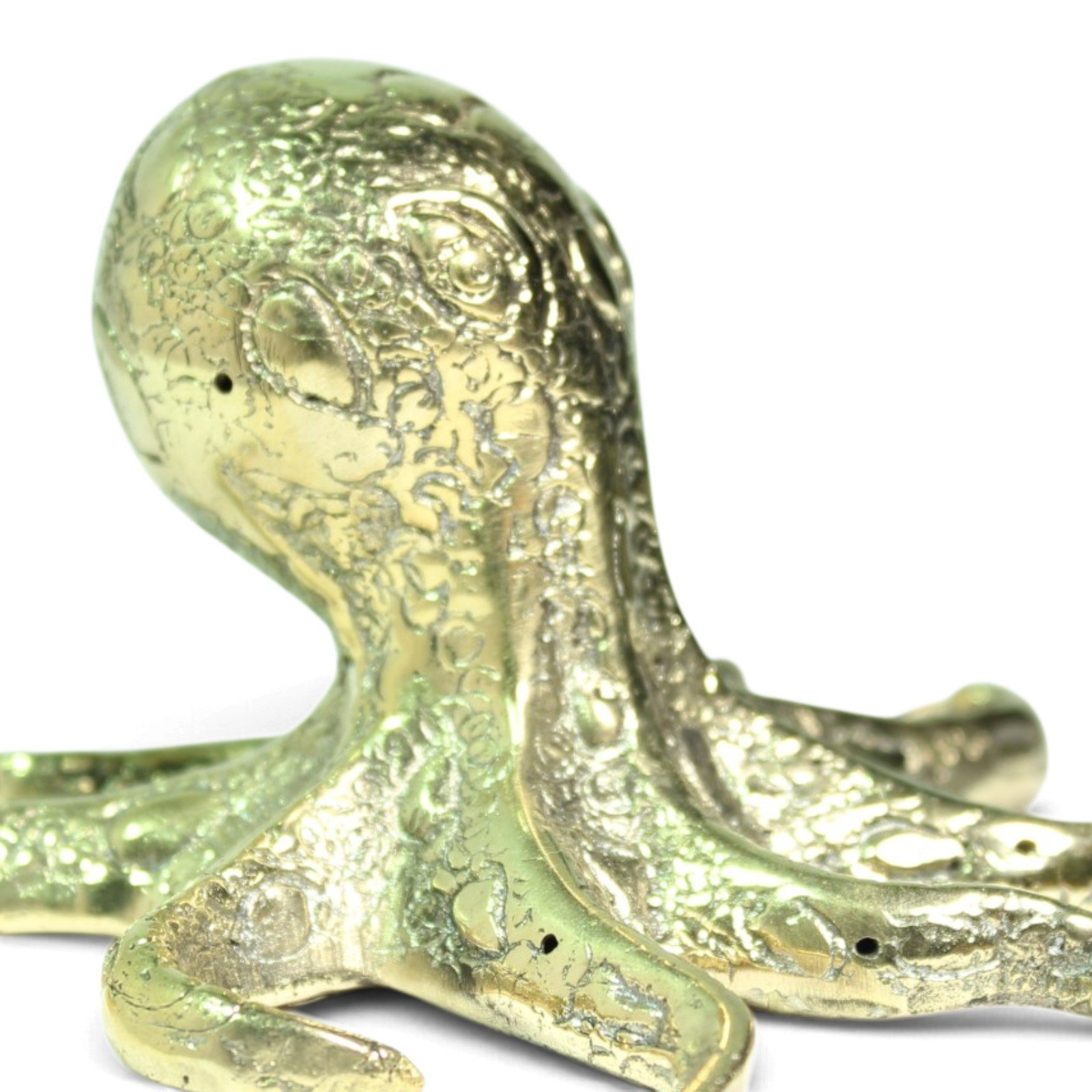 Close-up of the brass octopus's textured tentacles and casting marks