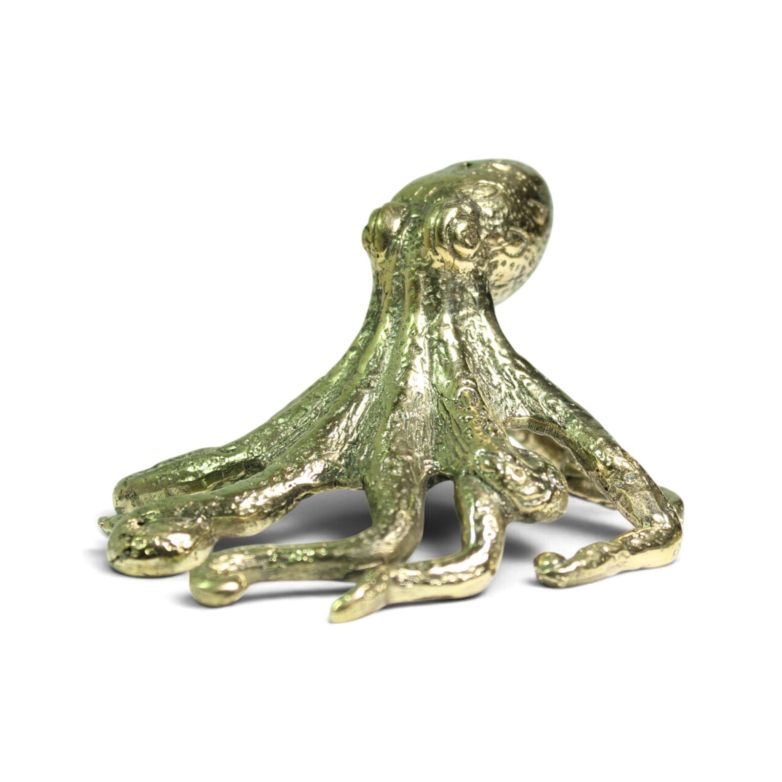 Brass octopus figurine viewed from behind, showing rounded head and sprawled legs