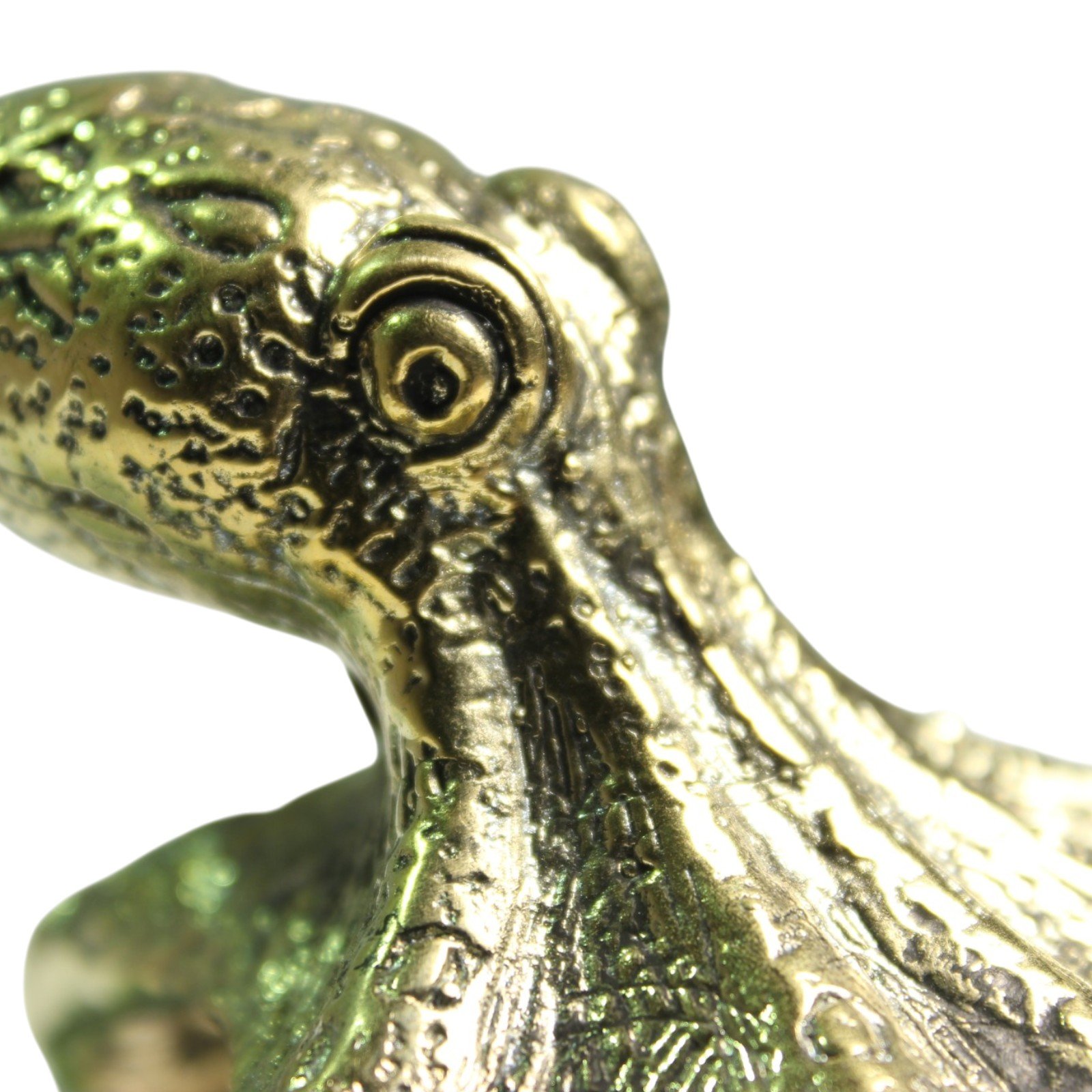 Close-up side view of brass octopus figurine's small head and curled tentacles