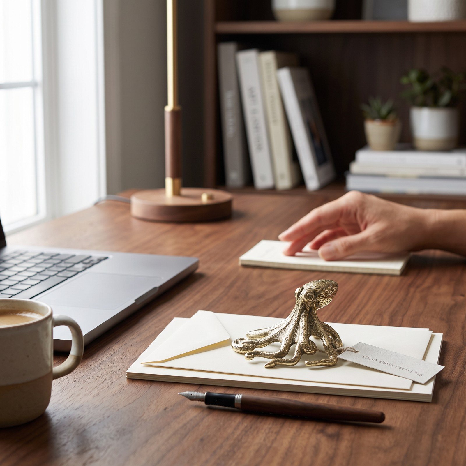 Brass octopus figurine staged on a wooden desk beside stationery and a laptop