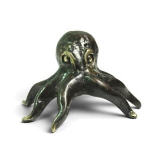 Hand-cast brass octopus figurine, black oxidized finish, front angle view