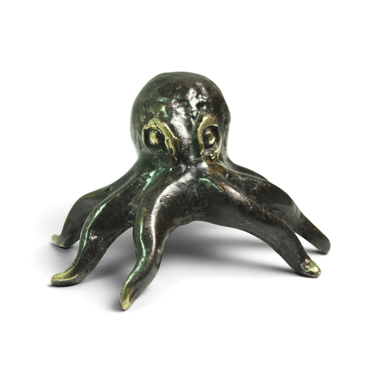 Hand-cast brass octopus figurine, black oxidized finish, front angle view