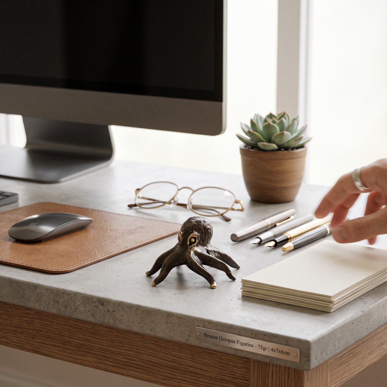 Brass octopus figurine staged on a desk with pens, glasses, and a plant