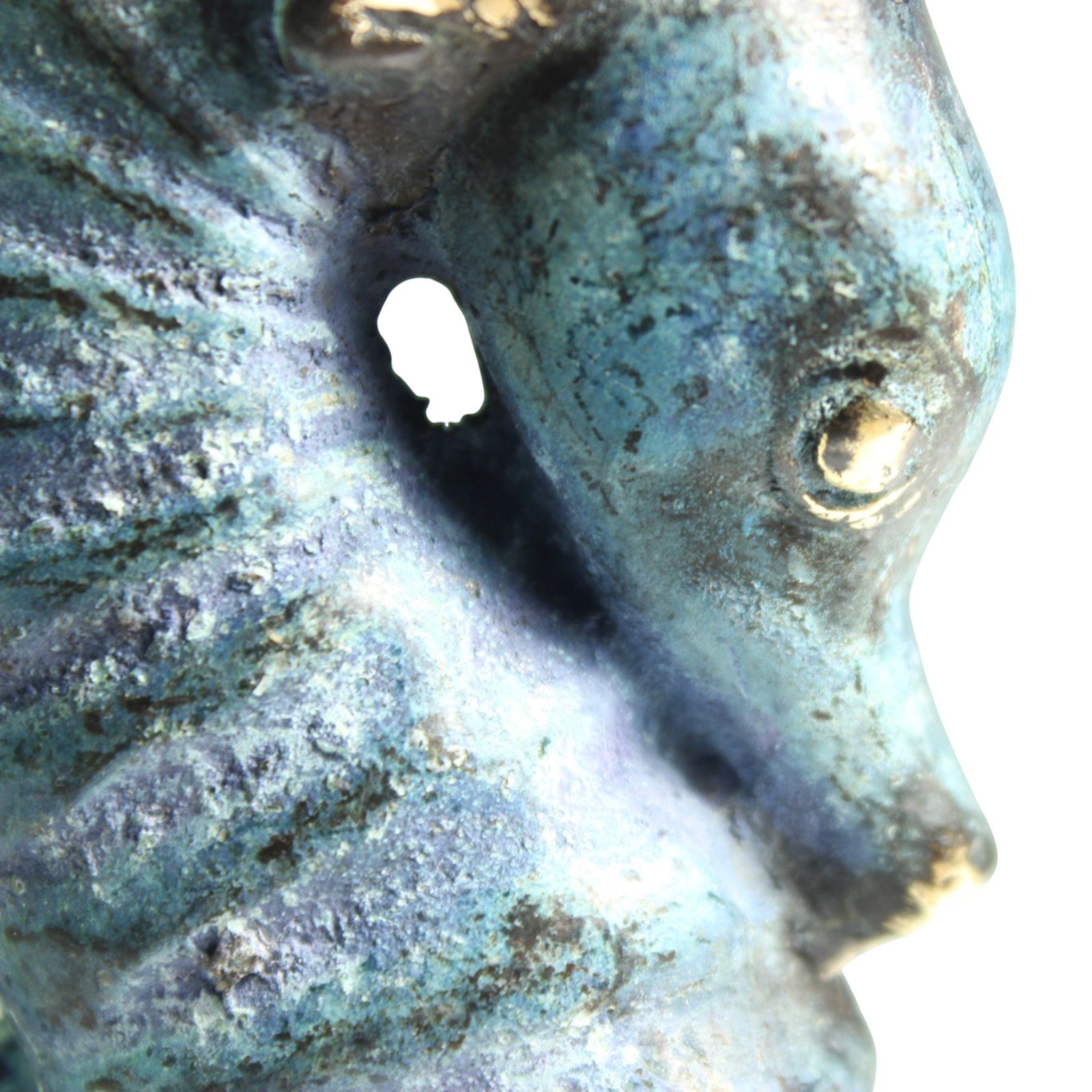 Close-up of seahorse face showing gold brass eye against verdigris patina