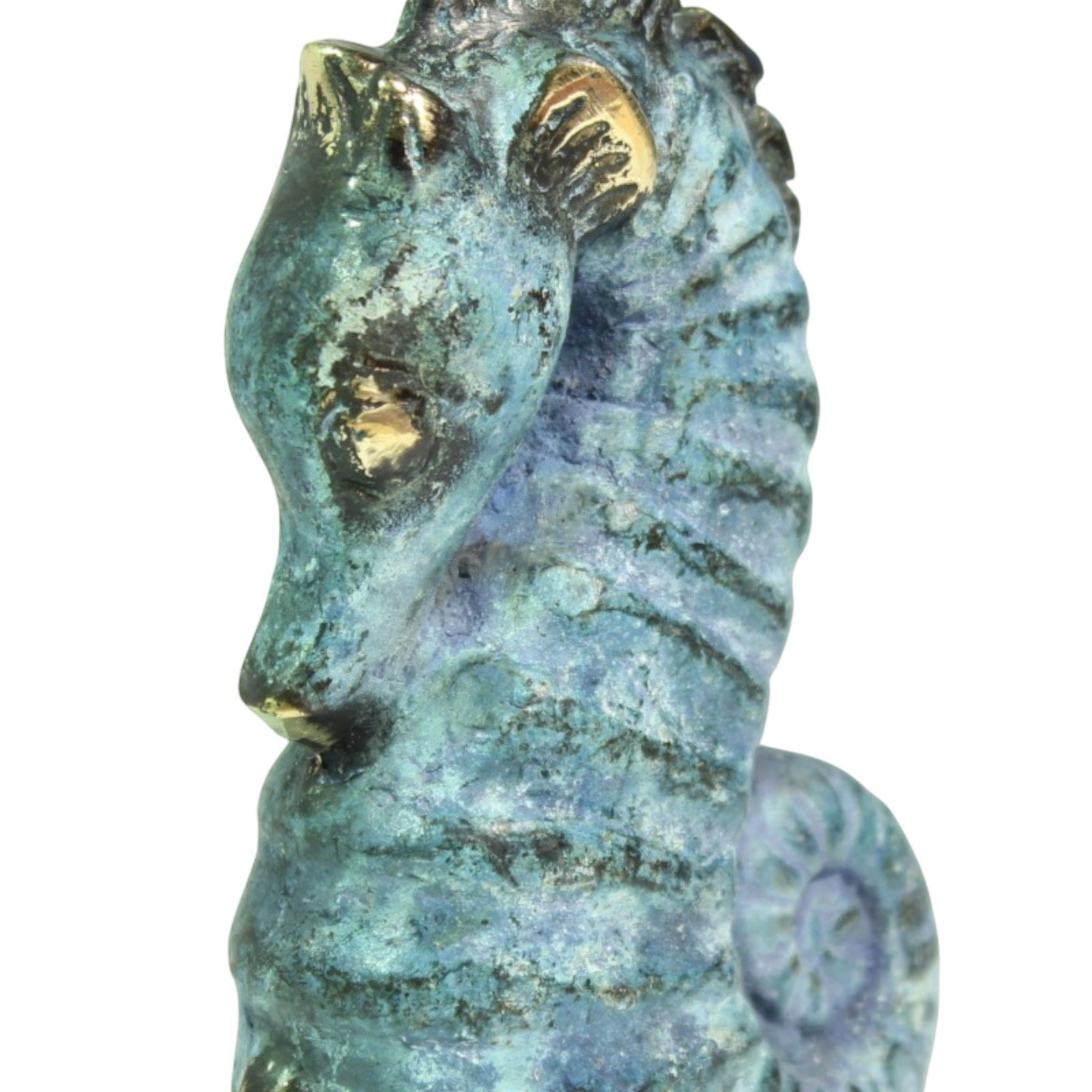Close-up of seahorse head showing verdigris patina and gold brass eye and ear details