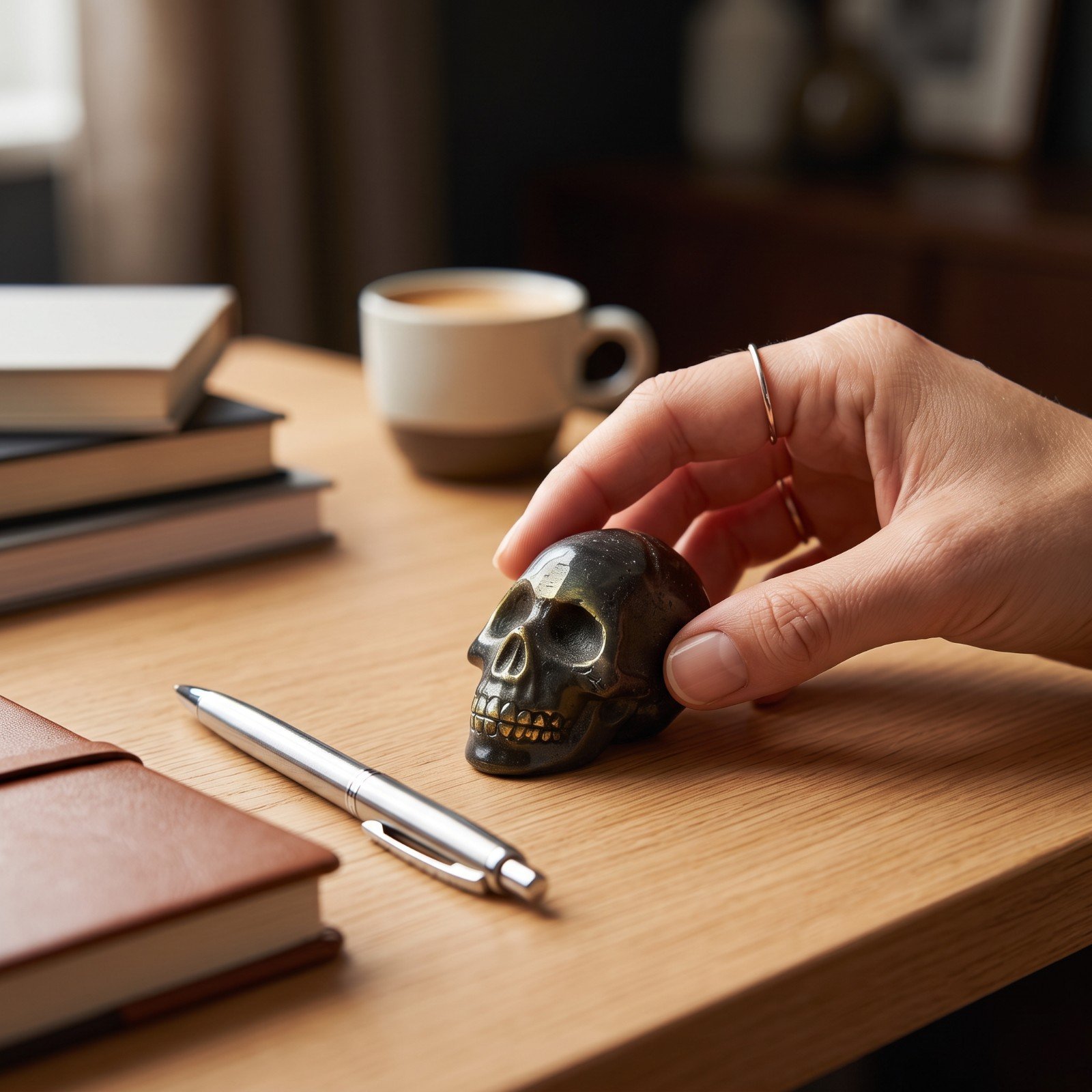Staged photo of the brass skull figurine on a desk with coffee and books