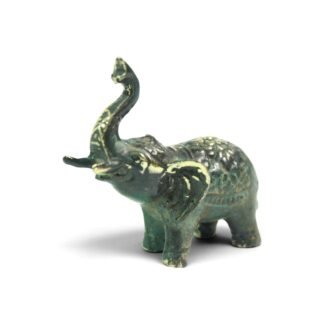 Hand-cast brass elephant figurine with raised trunk and oxidized green patina, three-quarter view