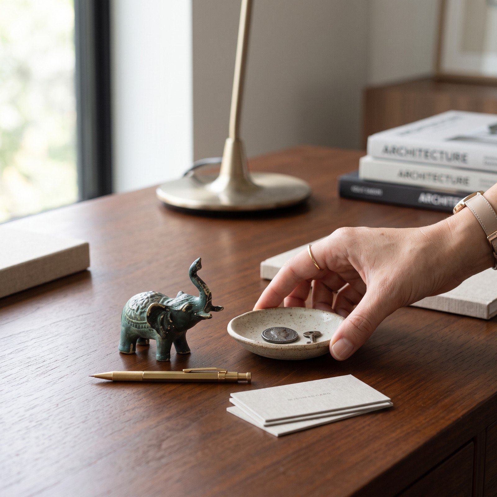 Brass elephant figurine staged on a wooden desk beside a trinket dish, pen, and books