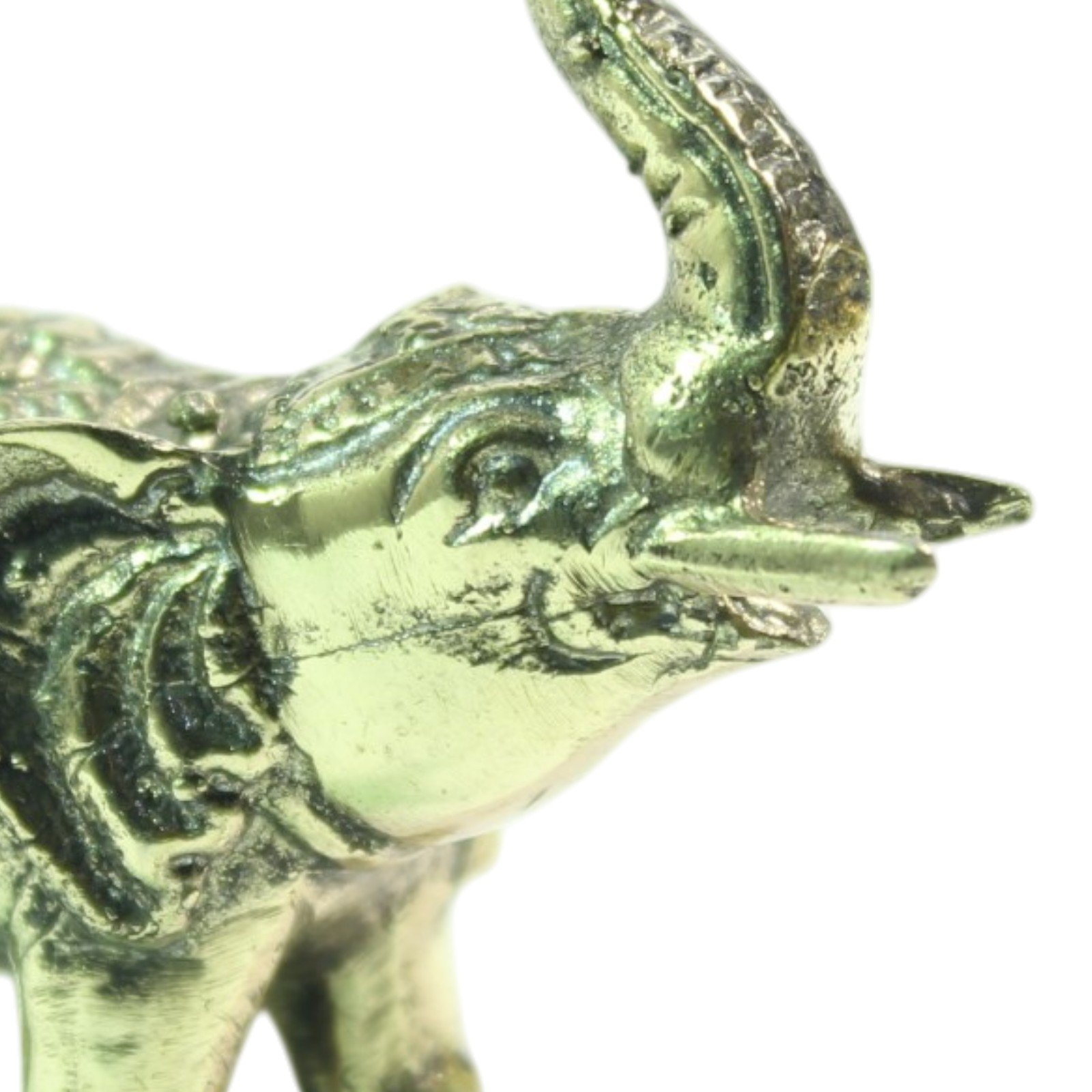 Close-up of brass elephant's head and trunk showing hand-tooled texture and casting detail