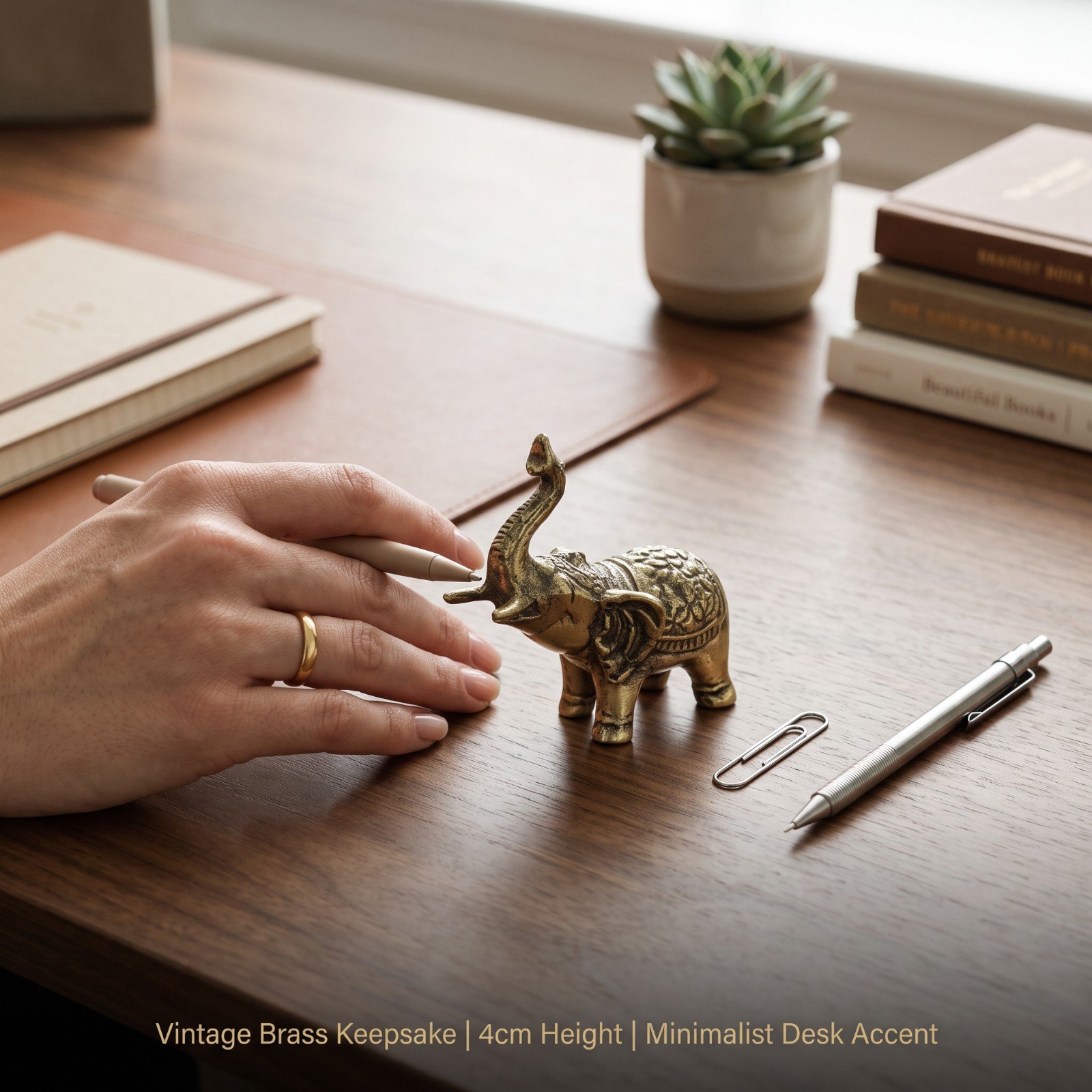 Brass elephant figurine staged on a wooden desk beside a plant, notebook, and pens for scale