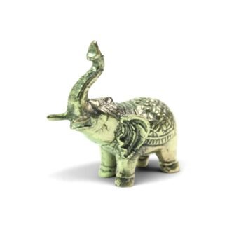 Small brass elephant figurine with trunk raised, side view showing textured back pattern