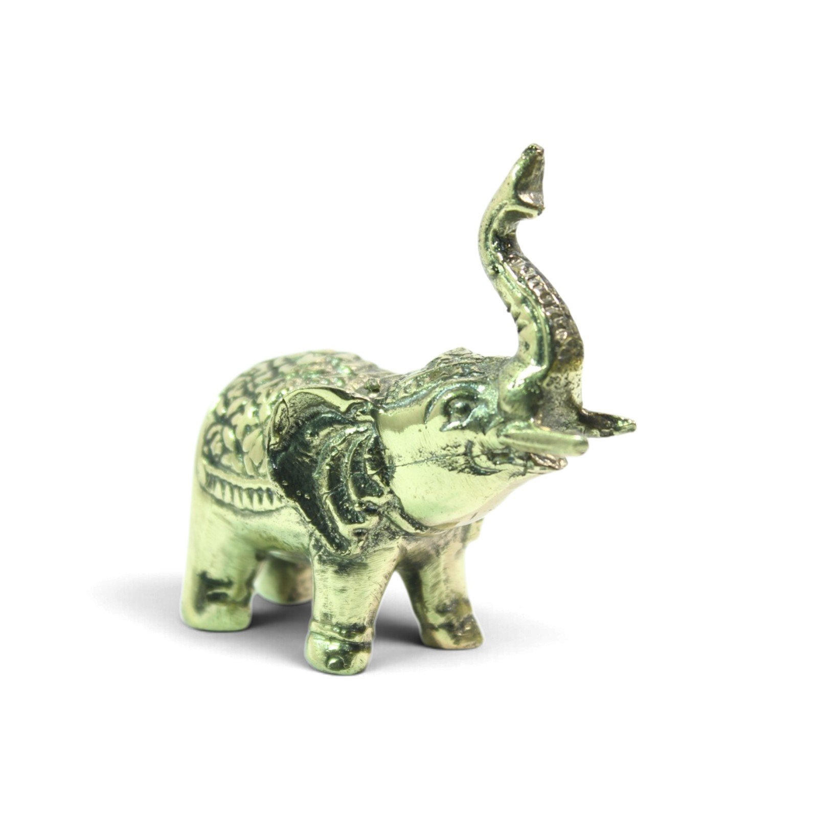 Brass elephant figurine viewed from the opposite side, showing ear and leg detail