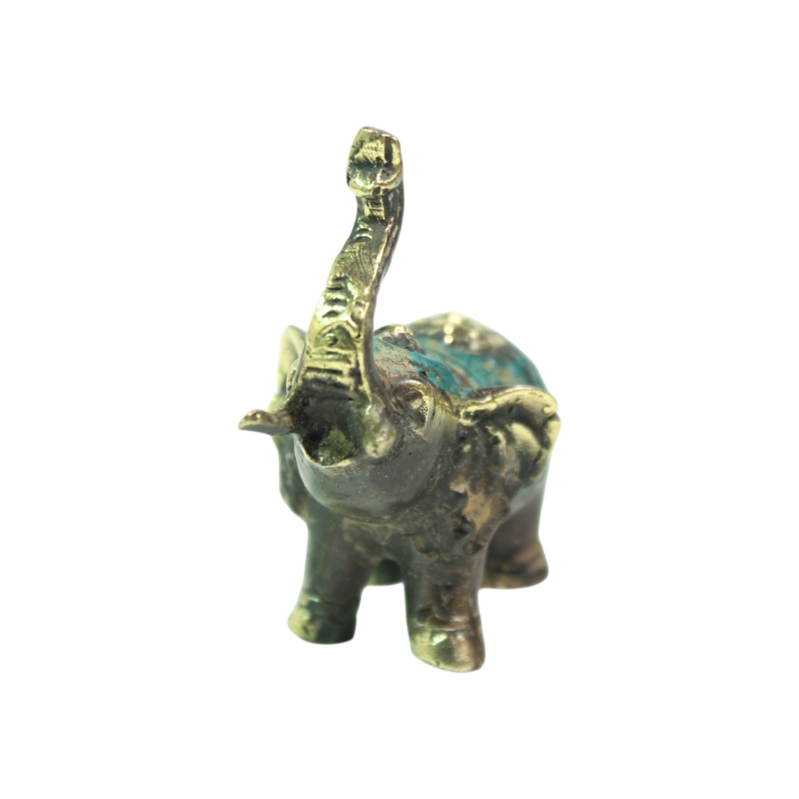 Brass elephant figurine viewed from the front showing raised trunk and ears