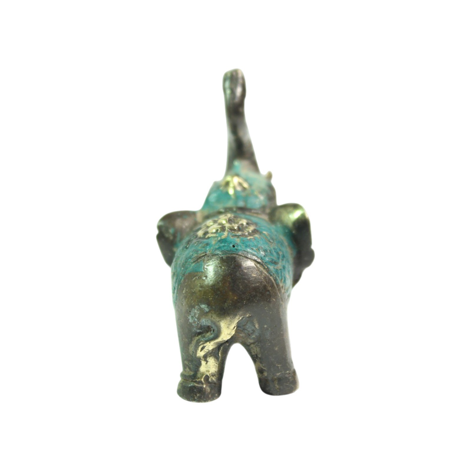 Back view of the brass elephant figurine showing tail and hind legs