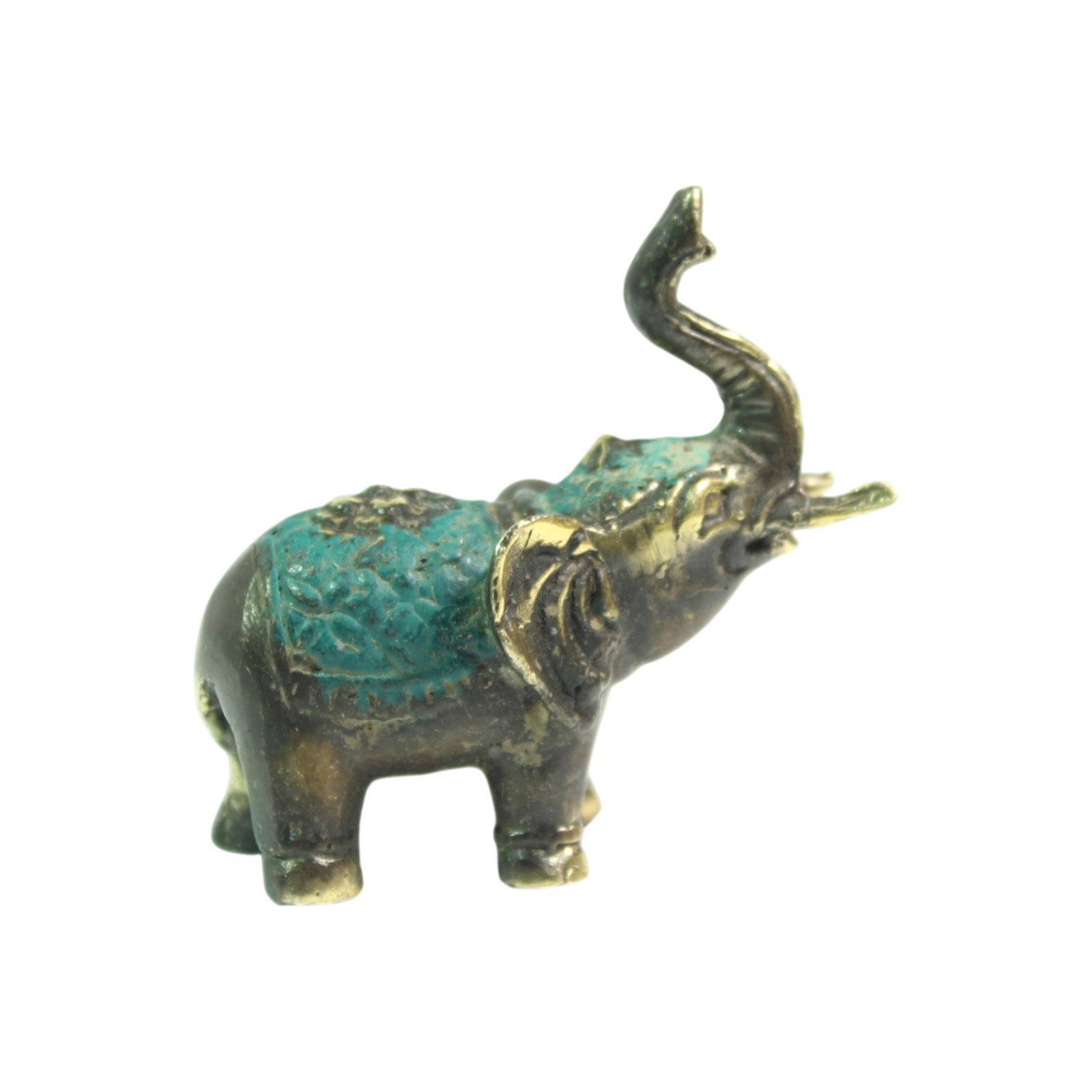 Side view of the brass elephant figurine showing full body and patina pattern