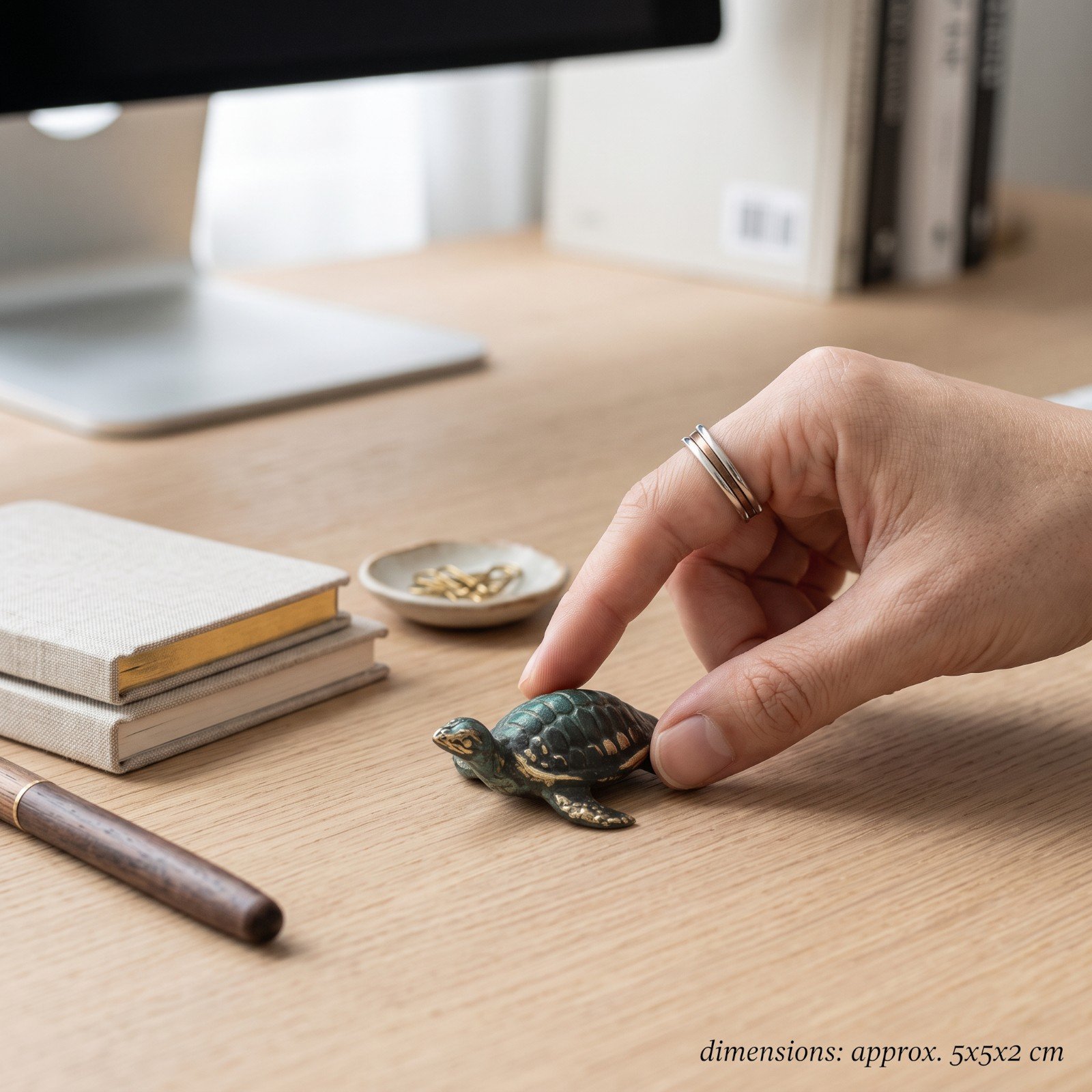 Brass turtle figurine staged on a wooden desk beside notebooks and a pen, with dimensions noted
