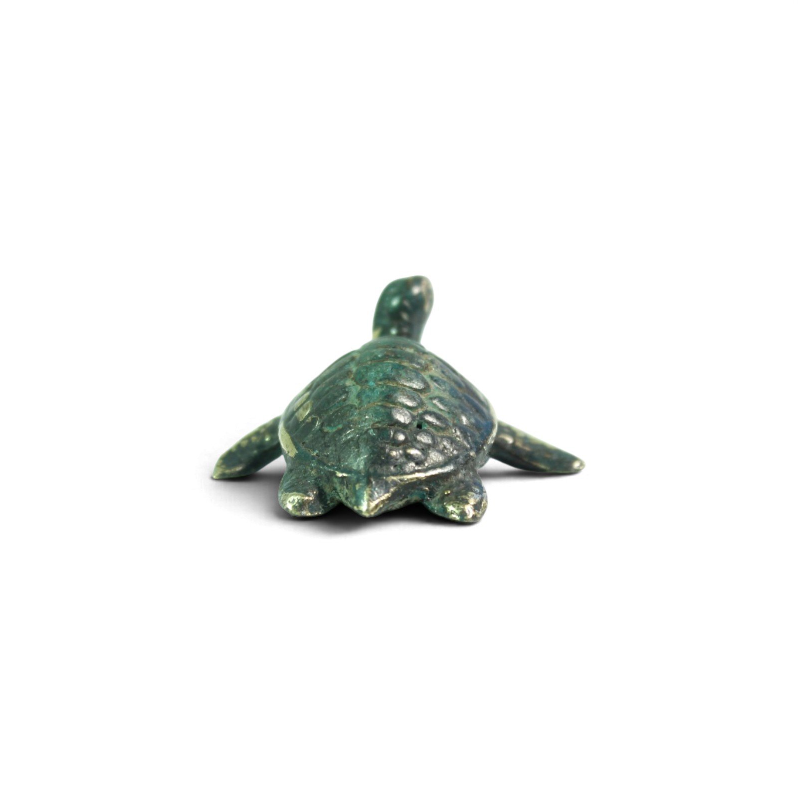 Back view of brass turtle figurine showing tail and hind flippers