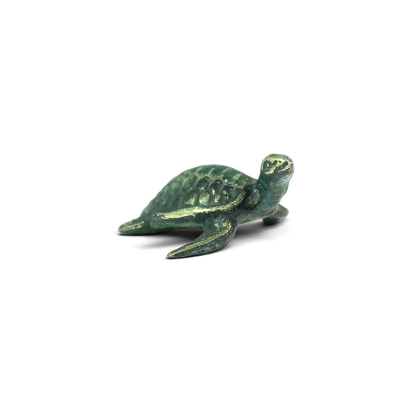 Brass turtle figurine viewed from above, showing textured shell and gold highlights