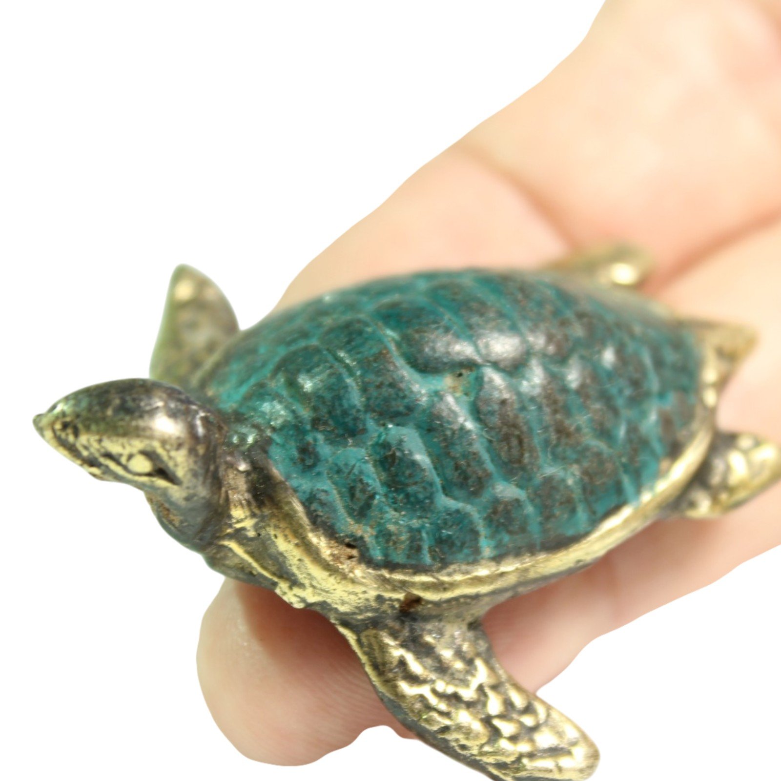 Brass turtle figurine held in hand showing scale and shell pattern
