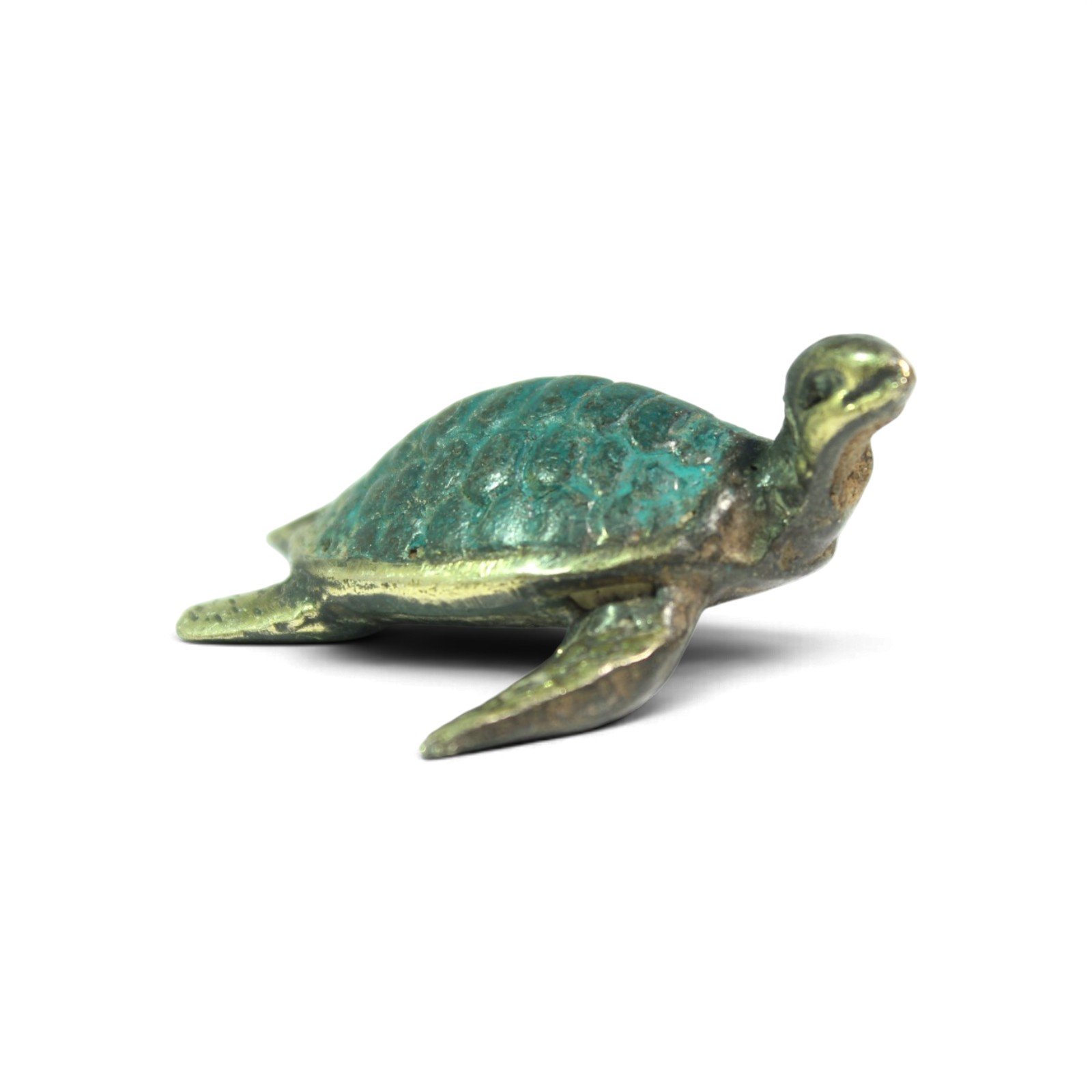 Brass turtle figurine viewed from the opposite side showing head and shell texture