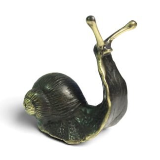 Hand-cast brass snail figurine with black-oxidized shell and raised antennae, angled front view