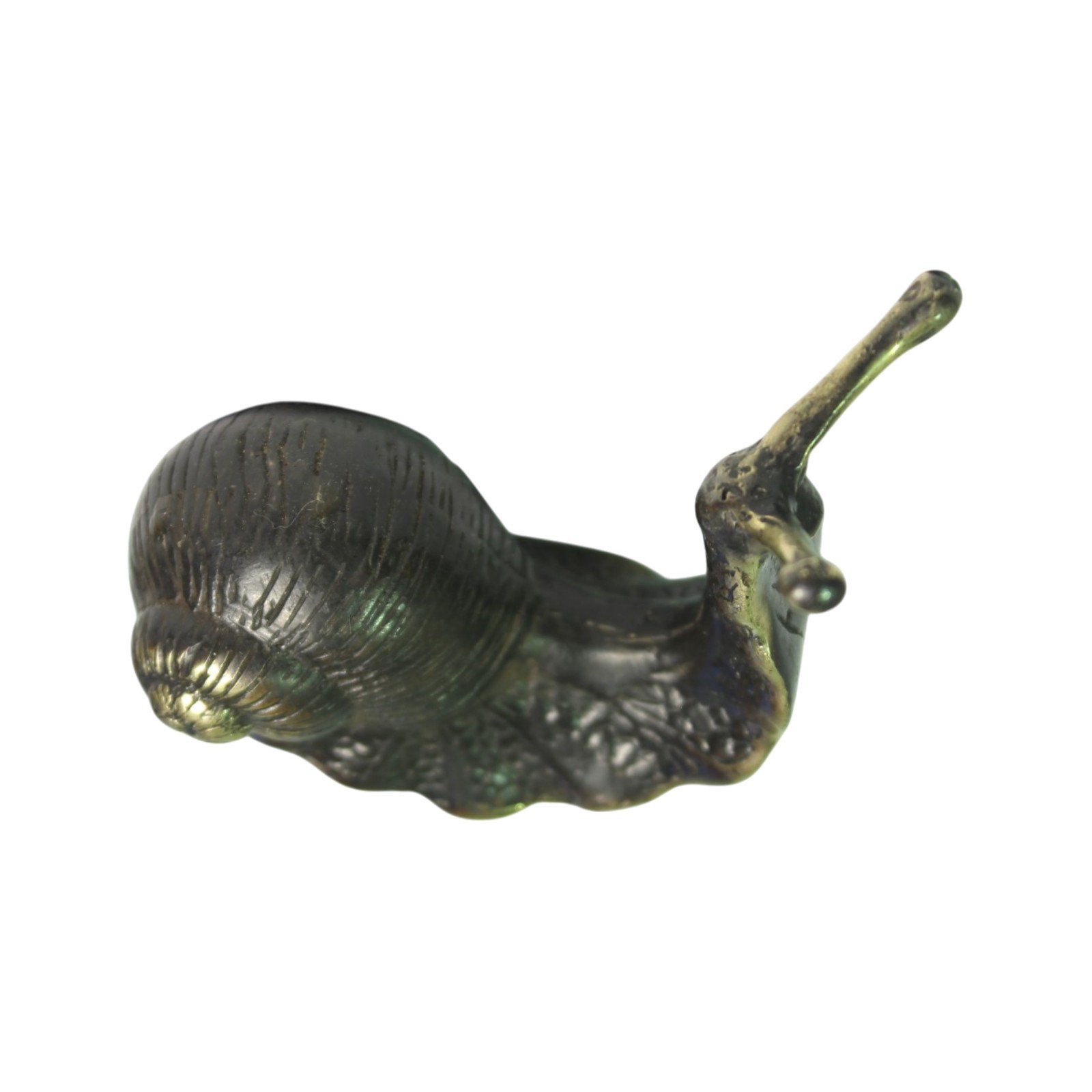 Overhead view of brass snail figurine showing textured shell and body detail