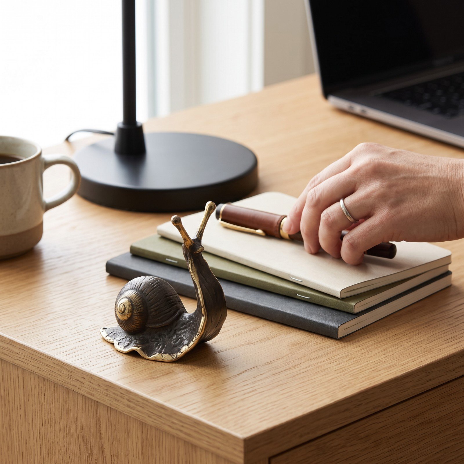 Brass snail figurine staged on a wooden desk beside notebooks and a coffee mug