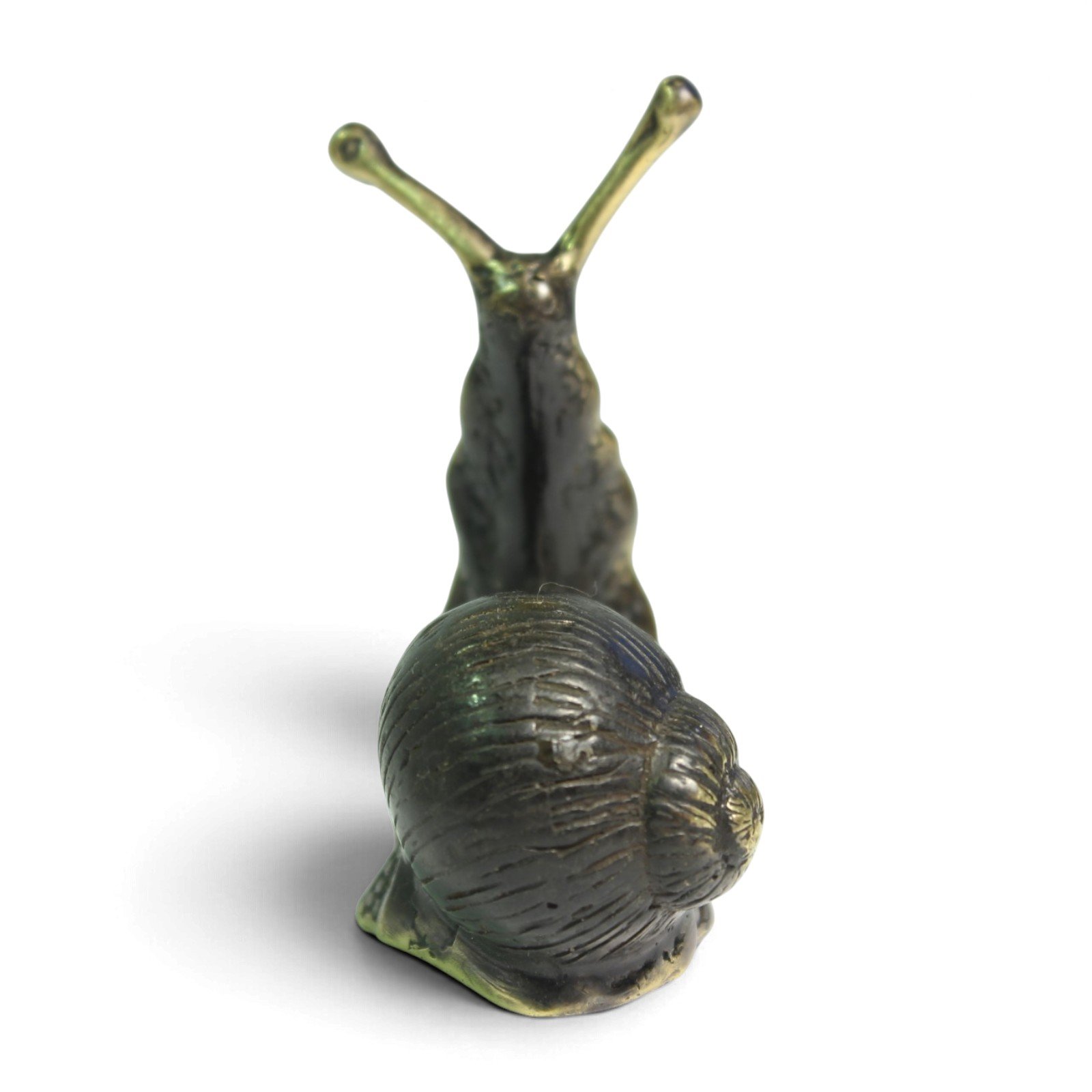 Top-down view of brass snail figurine highlighting antennae and shell spiral