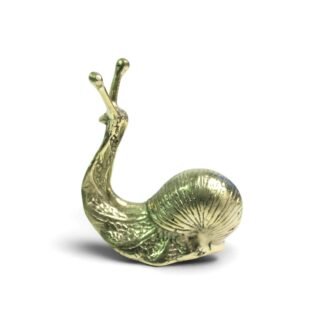 Gold-tone brass snail figurine with curved neck and raised antennae, side view