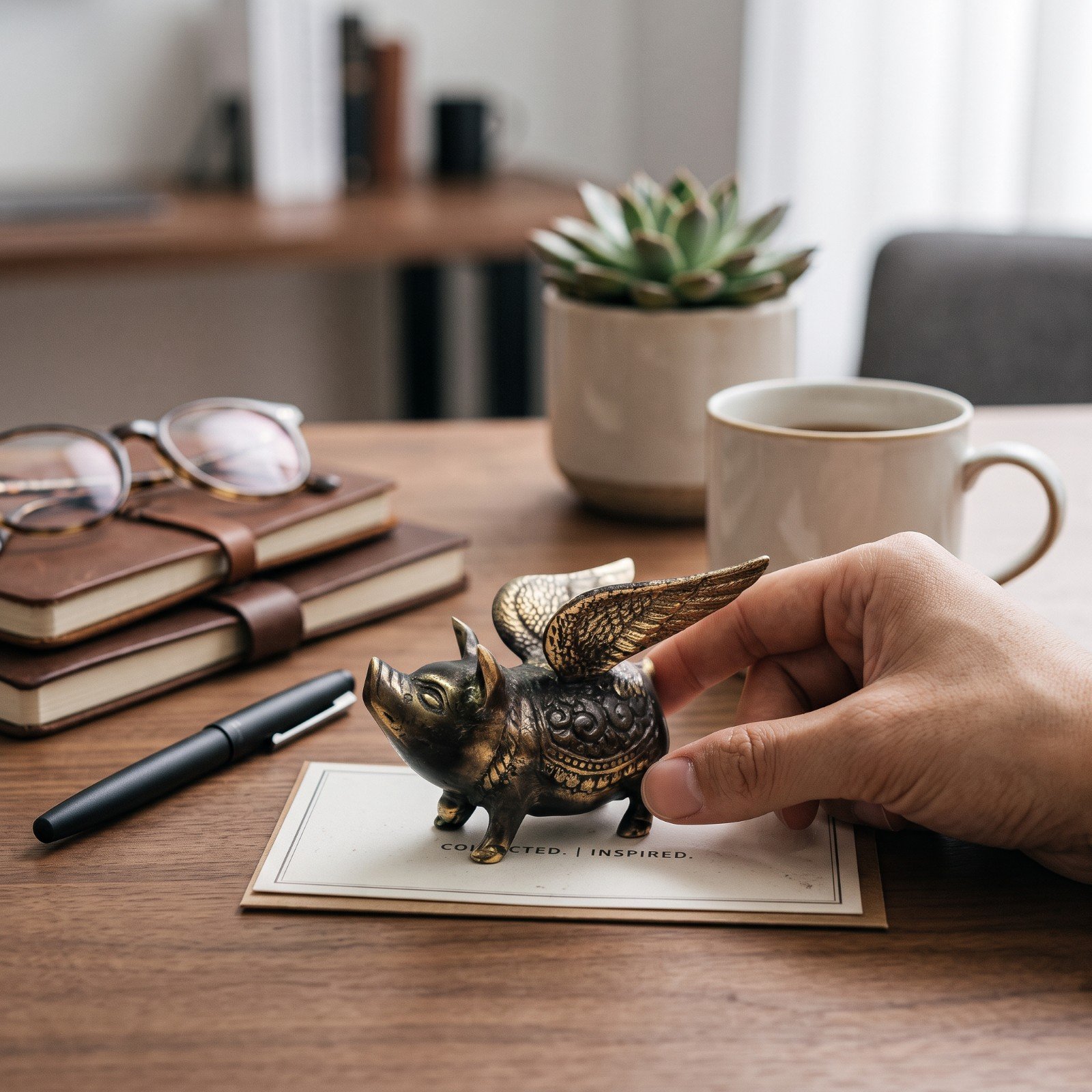 Brass winged pig figurine staged on a wooden desk with books and coffee