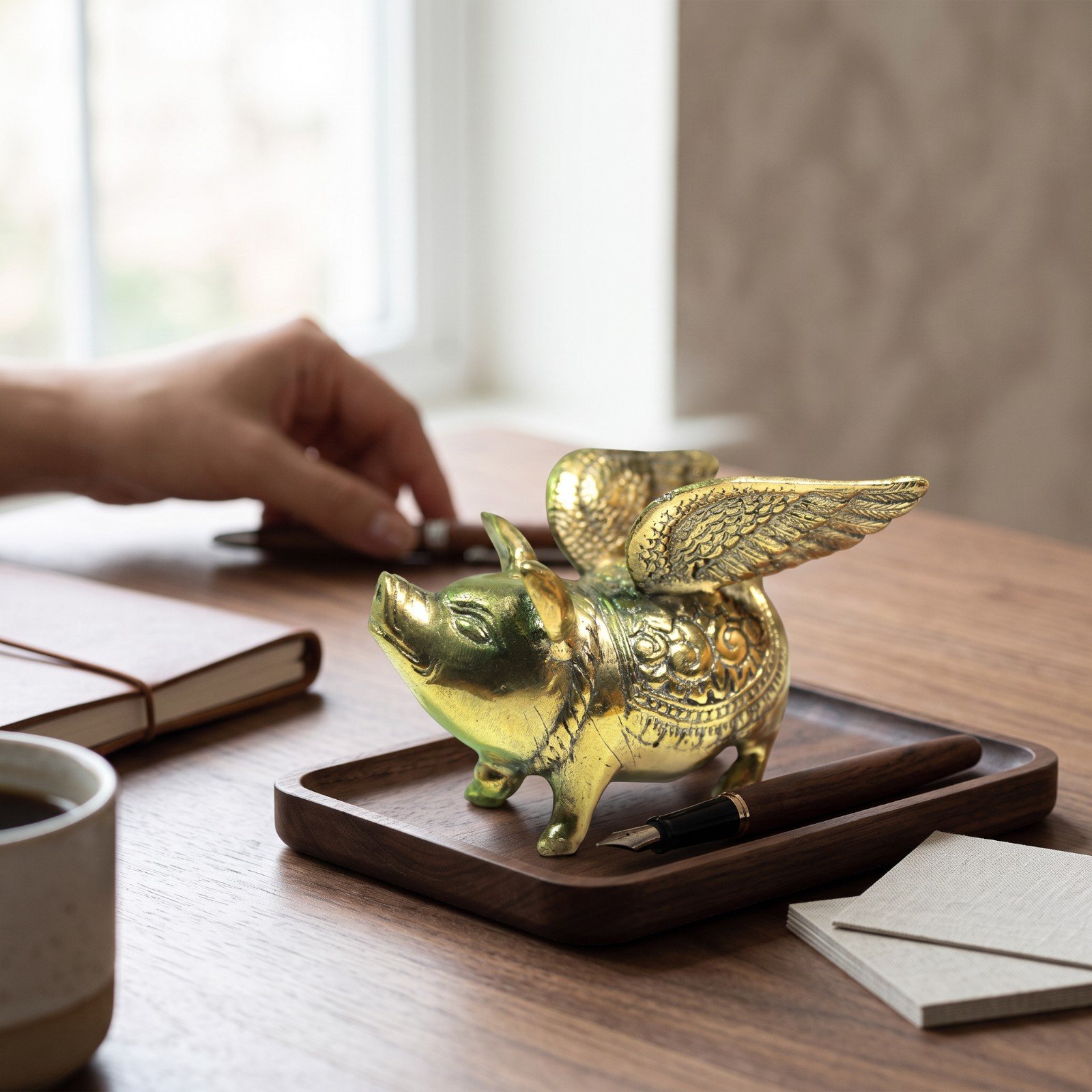 Brass winged pig figurine viewed from the side, showing detailed feathered wings in a staged enviorment made with AI