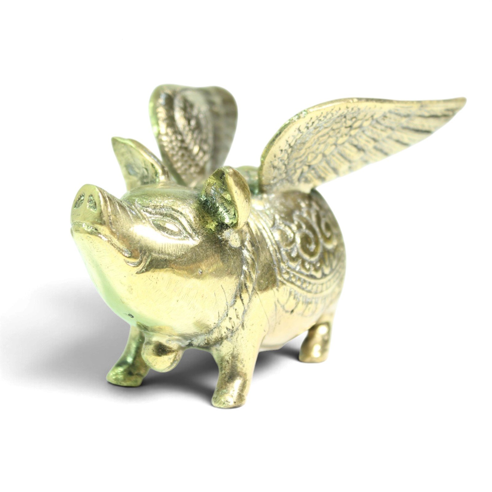 Close-up front view of brass pig's face, ears, and wing base detail