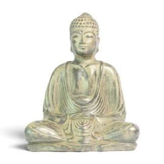 Seated Buddha statue in resin with bronze-green patina, front view